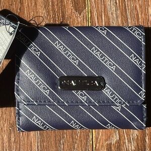 Nautica Navy and White Diagonal Logo Compact Wallet with Metal Nameplate
